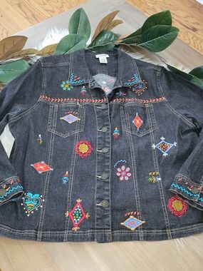 Graff By UM Embroidered Floral Geometric Aztec Denim Button Boho Jacket P XL